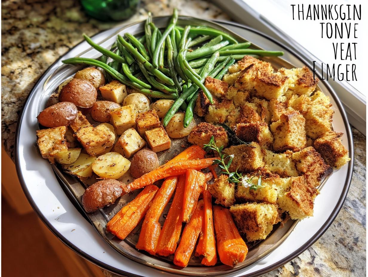 A colorful one-pan Thanksgiving veggie tray featuring roasted carrots, green beans, potatoes, and cubed stuffing.