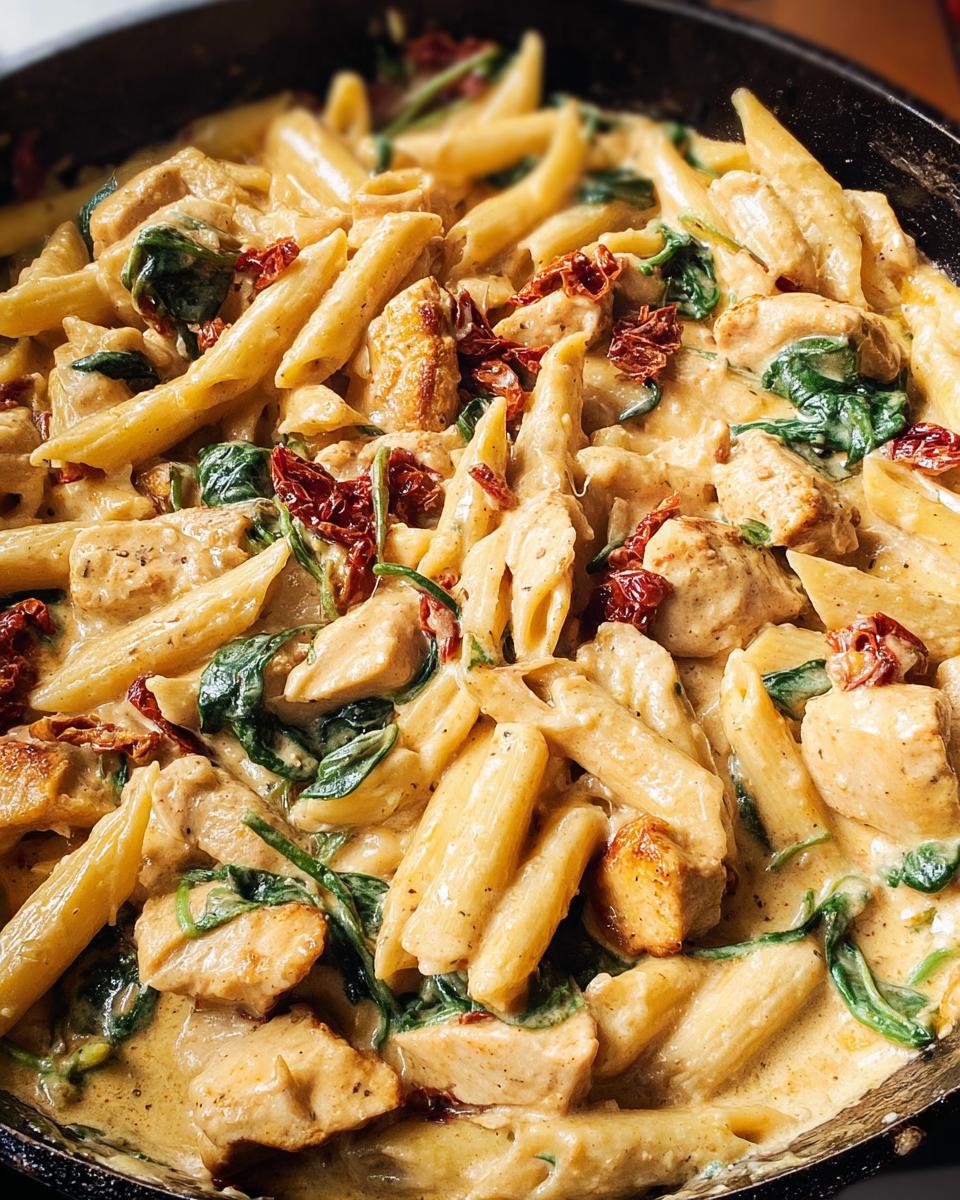 Close-up of One Pot Creamy Tuscan Chicken Pasta with penne, spinach, and sun-dried tomatoes.