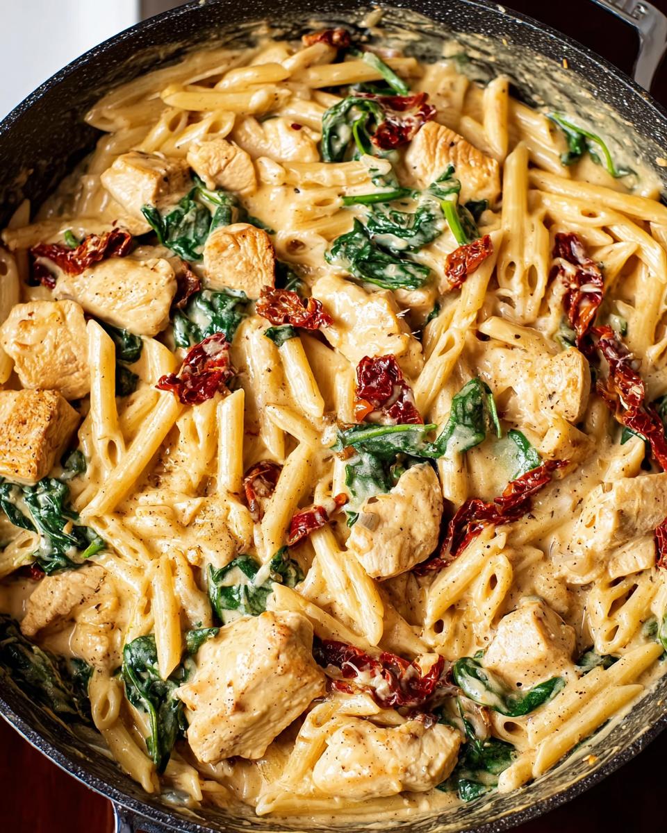 Close-up of One Pot Creamy Tuscan Chicken Pasta with penne, spinach, and sun-dried tomatoes in a dark skillet.