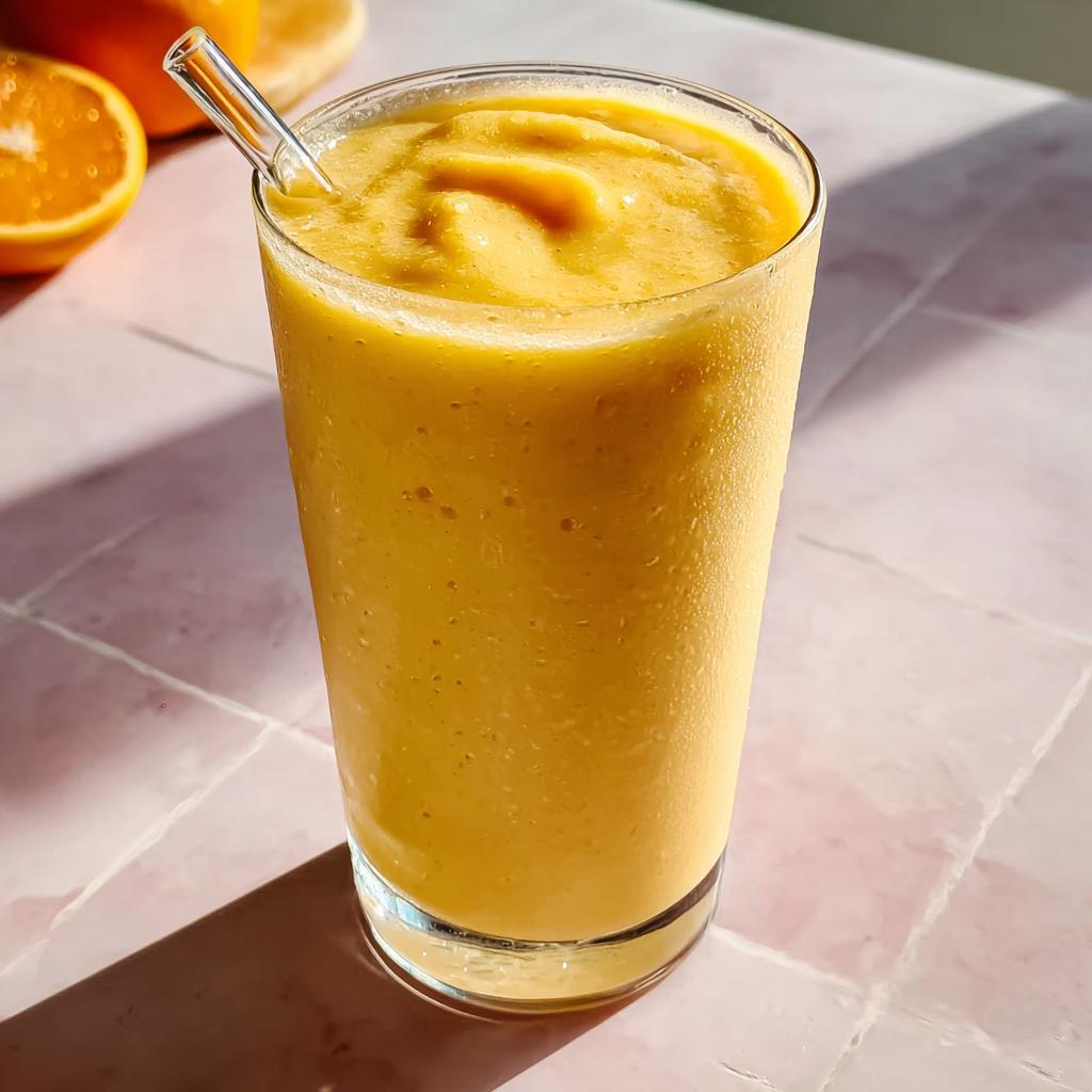 A vibrant orange smoothie in a tall glass with a reusable straw, accompanied by sliced oranges, perfect for 5-Ingredient Breakfast Ideas.