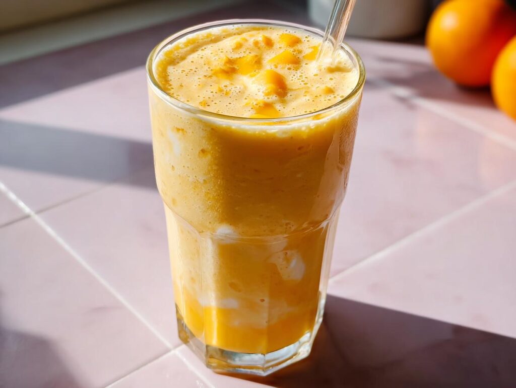 A tall glass filled with a vibrant orange smoothie, topped with foam and a straw, perfect for 5-Ingredient Breakfast Ideas.