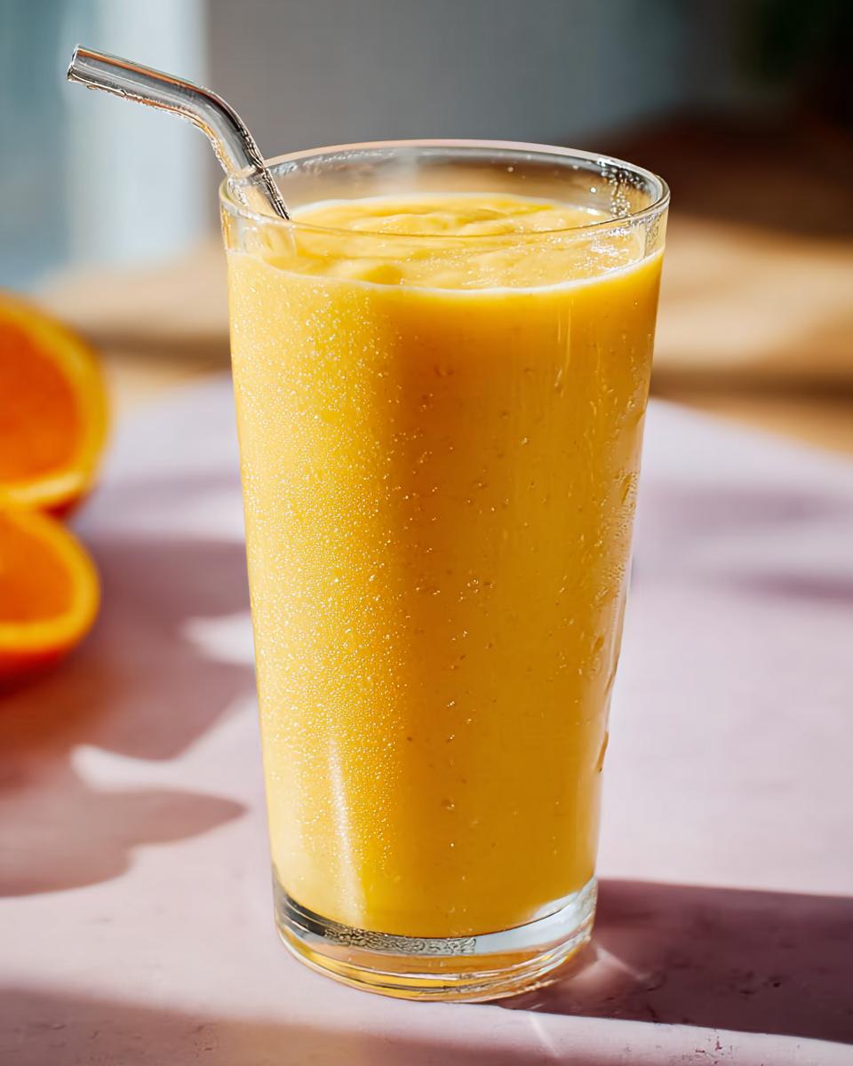 A tall glass of vibrant orange smoothie with a metal straw, part of 5-Ingredient Breakfast Ideas.