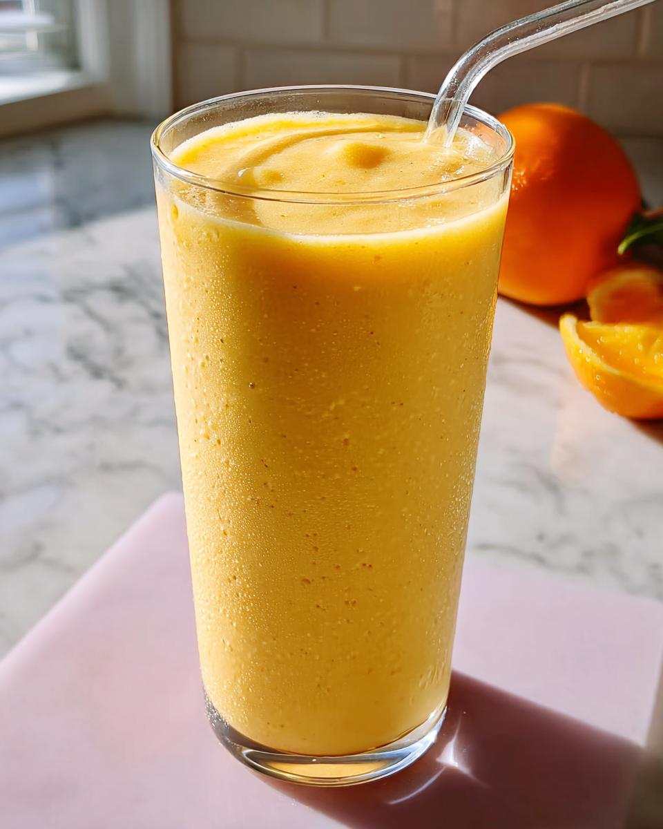 A tall glass filled with a vibrant orange smoothie, with oranges in the background, perfect for 5-Ingredient Breakfast Ideas.