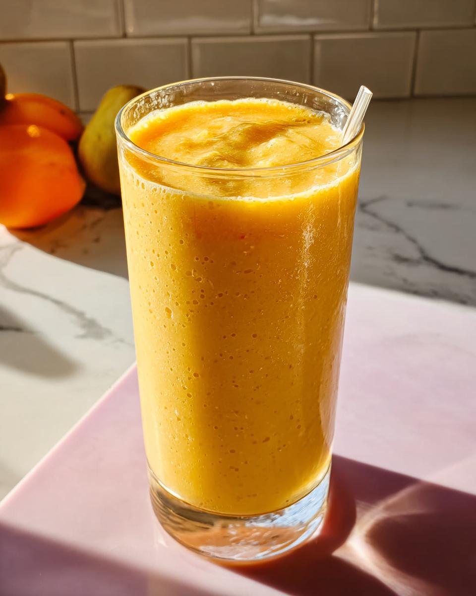 A vibrant orange smoothie in a tall glass, part of easy 5-Ingredient Breakfast Ideas.