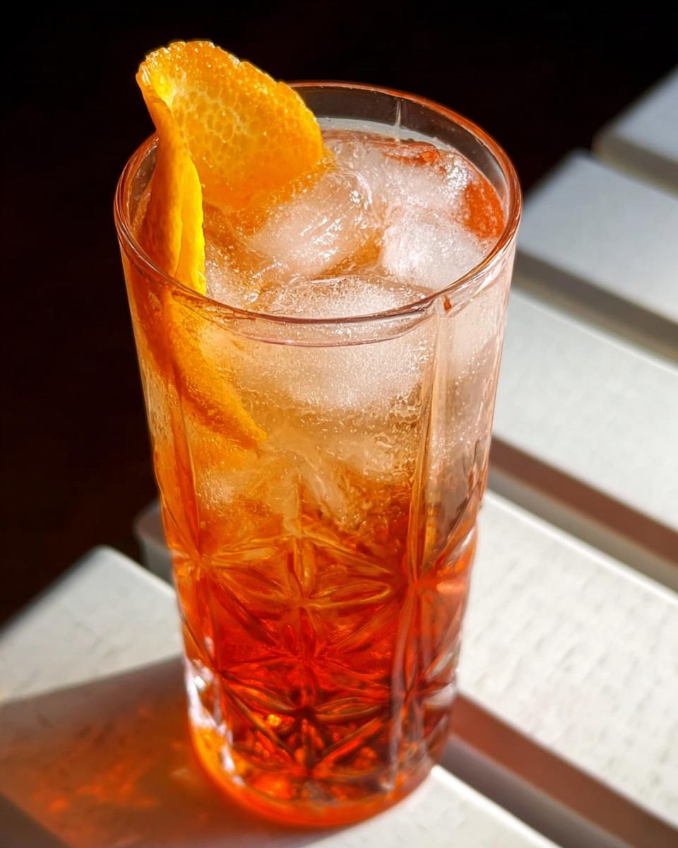 A refreshing orange spritz cocktail with ice and an orange peel garnish, perfect for Restaurant-Style Thanksgiving Drinks at Home.