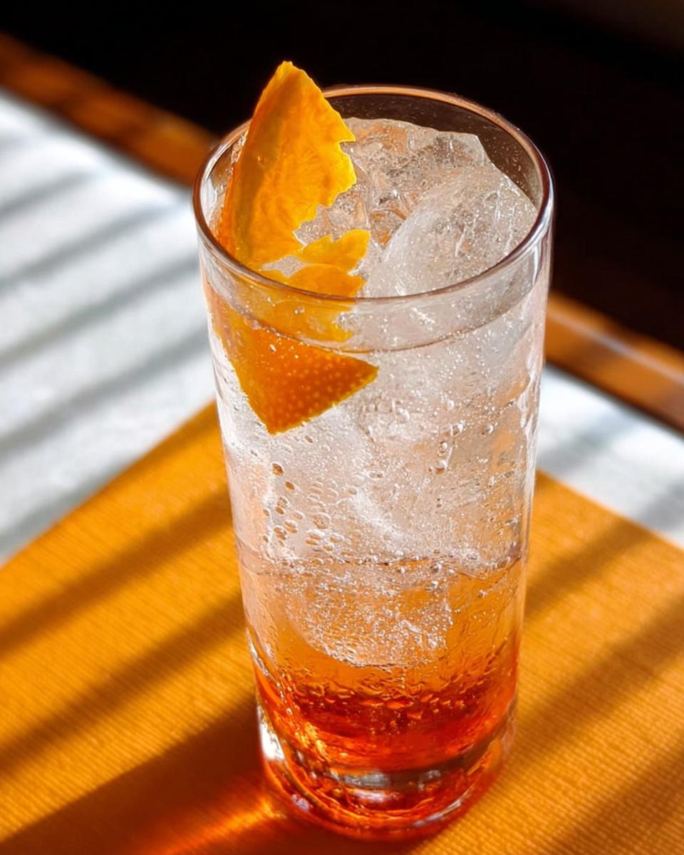 A tall glass filled with ice, a clear bubbly liquid, and a splash of orange liqueur, garnished with orange peel. Perfect for Restaurant-Style Thanksgiving Drinks at Home.