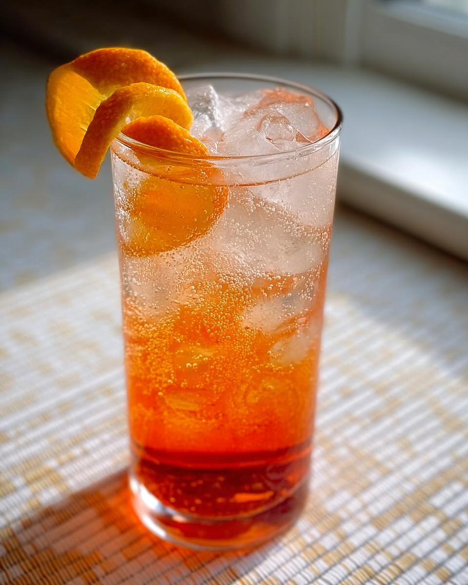 A refreshing orange Thanksgiving drink with ice, bubbles, and an orange peel garnish.