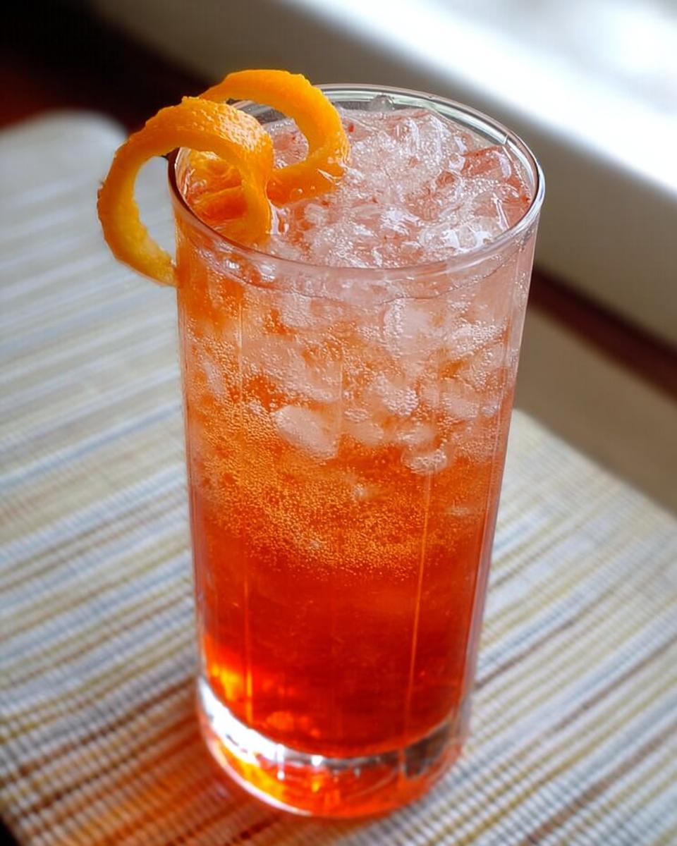 A tall glass filled with ice and a vibrant orange Thanksgiving drink, garnished with a twist of orange peel.
