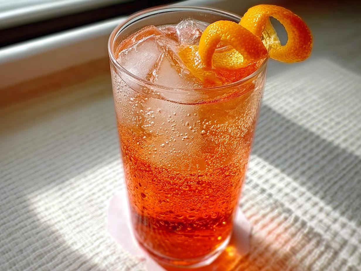 A tall glass filled with an orange Thanksgiving drink, ice, and garnished with orange peel.
