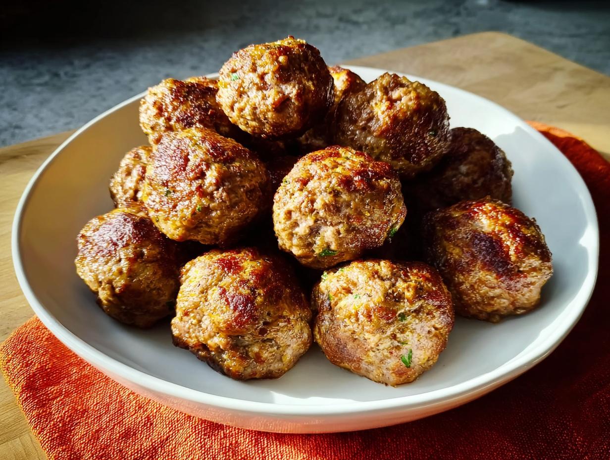 A white bowl filled with perfectly browned, oven-baked Homemade Meatballs, sitting on an orange napkin.
