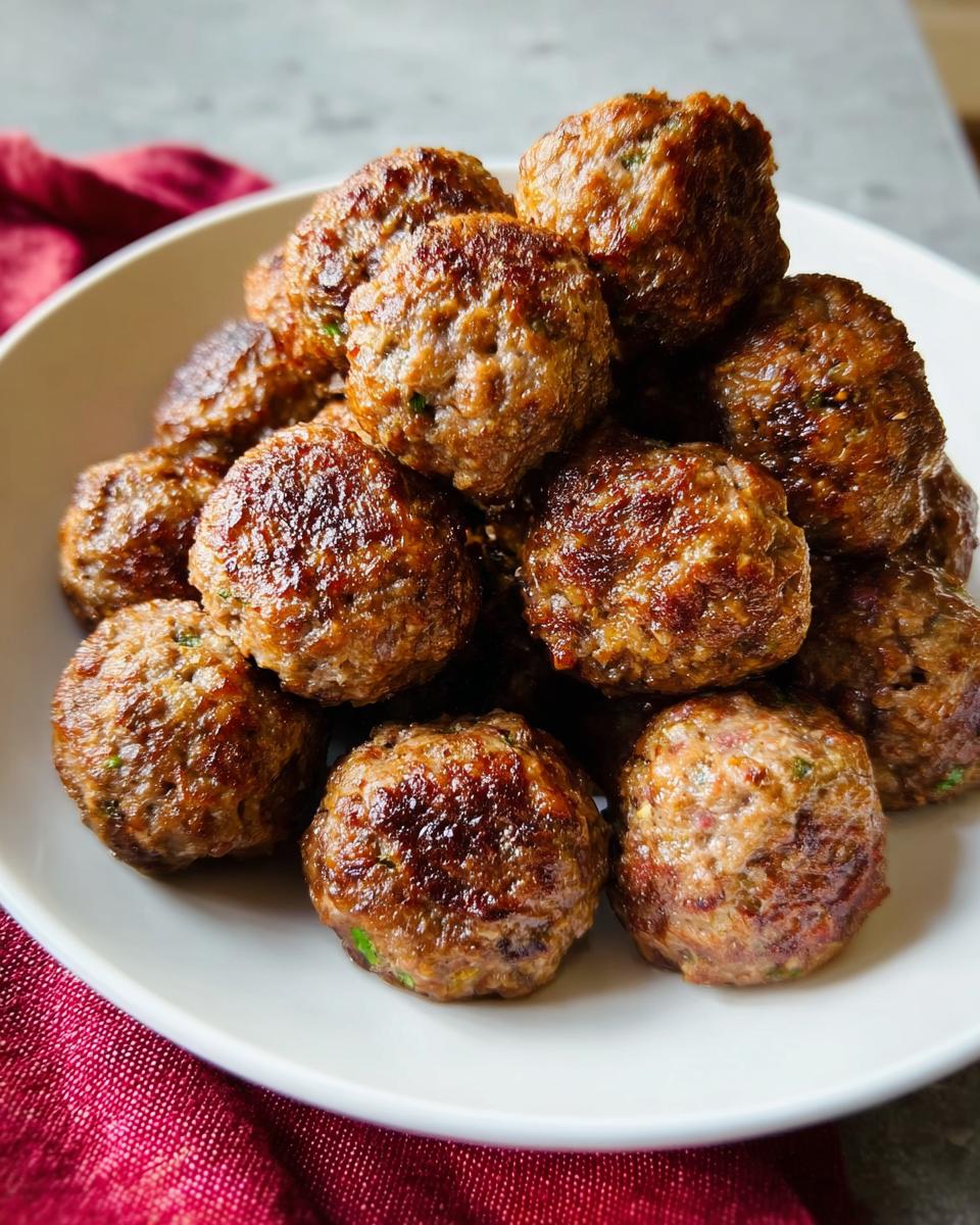 A close-up shot of a mound of perfectly browned Homemade Meatballs (Oven-Baked) stacked in a white bowl.