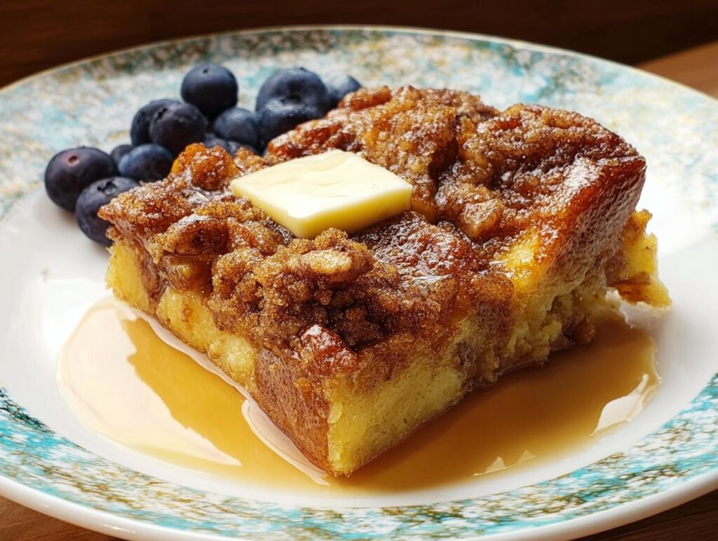A square slice of Overnight French Toast Bake topped with cinnamon streusel, butter, and syrup, served with fresh blueberries.
