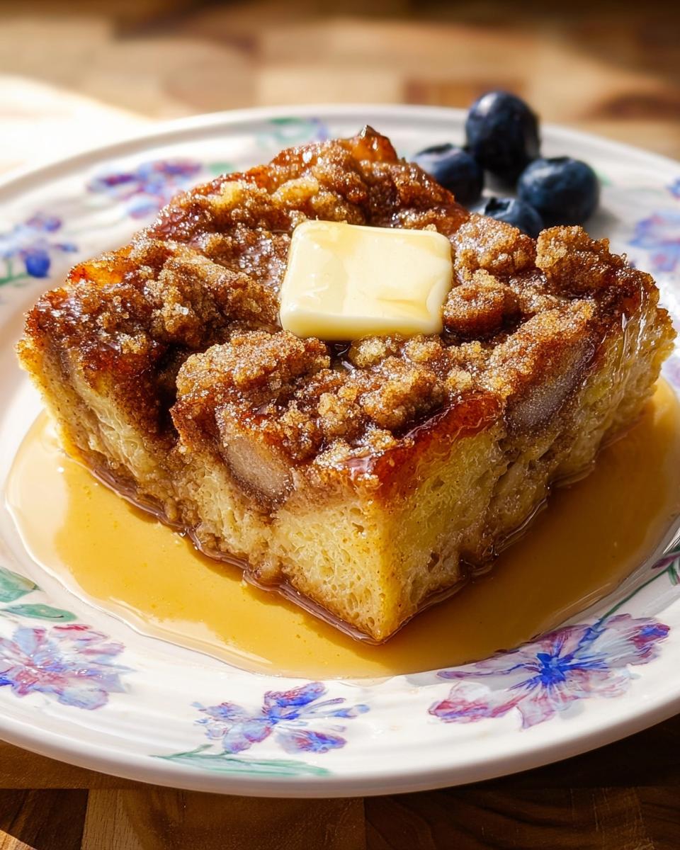 A square slice of Overnight French Toast Bake topped with brown sugar crumble, melting butter, and syrup.