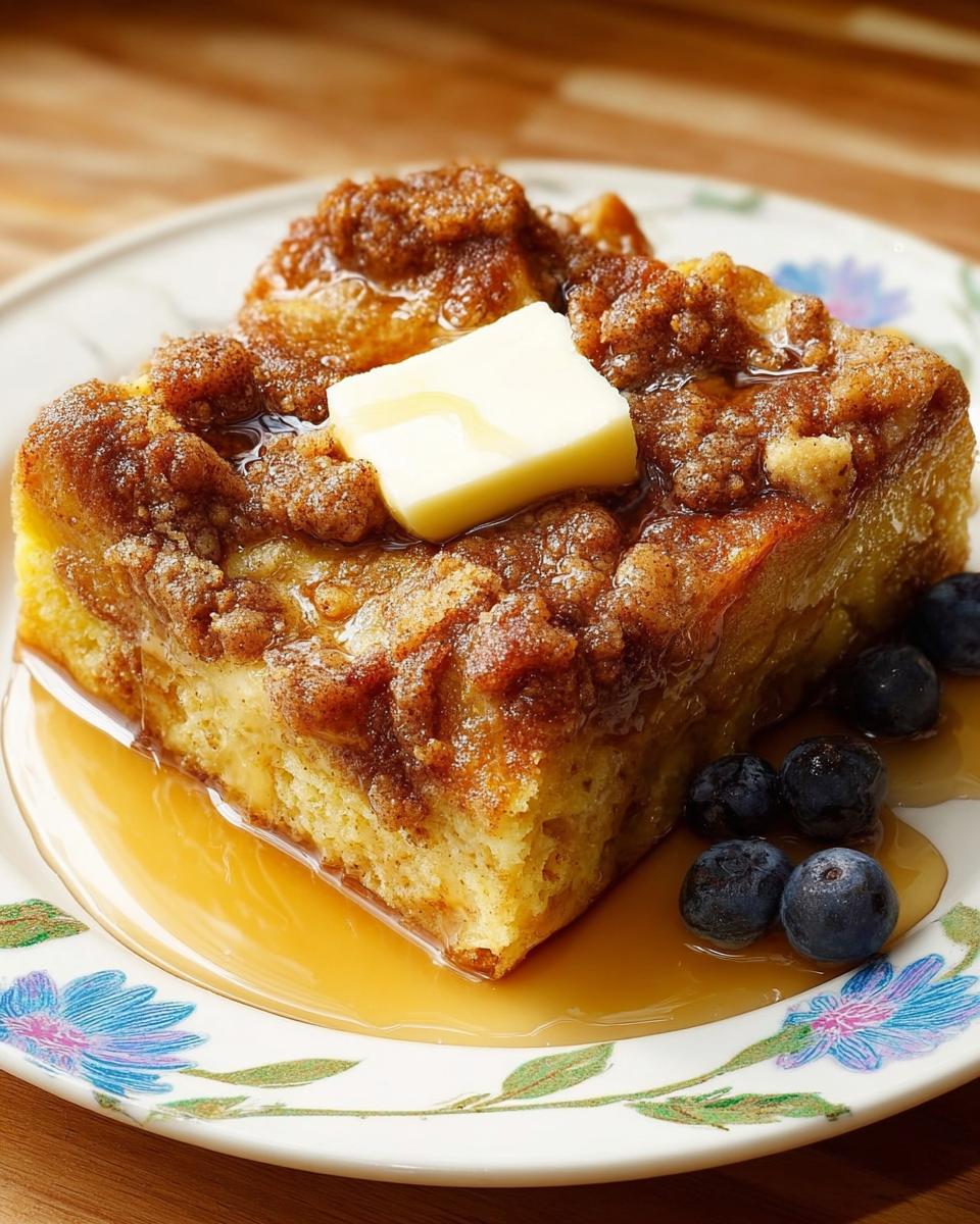 A square serving of Overnight French Toast Bake topped with cinnamon crumble, melting butter, and syrup, garnished with blueberries.