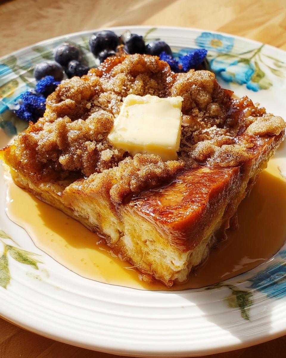A square serving of Overnight French Toast Bake topped with streusel, melting butter, and syrup, served with blueberries.