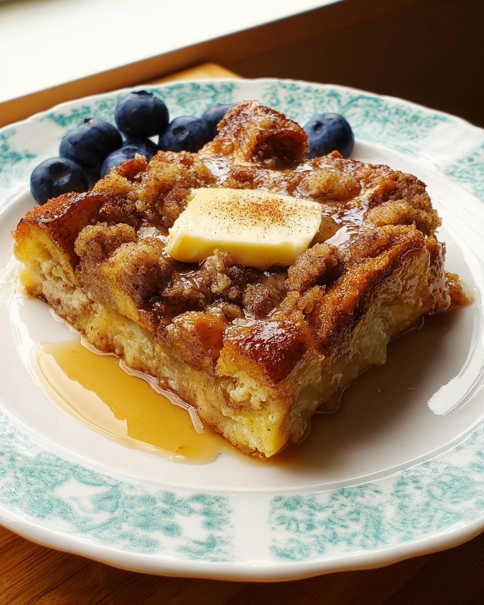 A square slice of Overnight French Toast Bake topped with melted butter, cinnamon, and syrup, served with fresh blueberries.