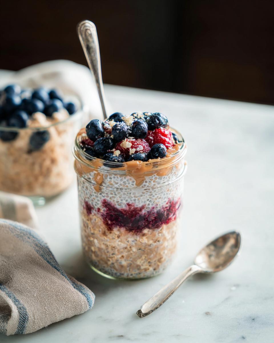 Close-up of overnight oats in a jar, layered with chia seeds, berries, and peanut butter, topped with fresh blueberries.