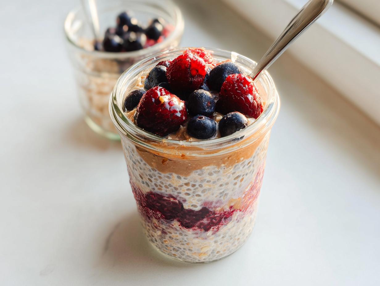 Close-up of overnight oats in a jar, topped with fresh berries and peanut butter, part of Ultimate Breakfast Ideas Guide.