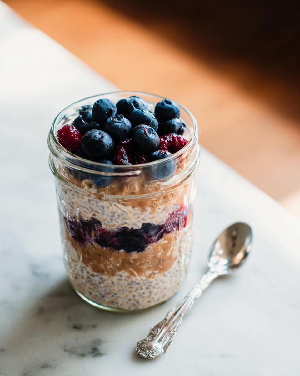 Overnight oats with blueberries, raspberries, and peanut butter in a mason jar. A perfect breakfast idea.