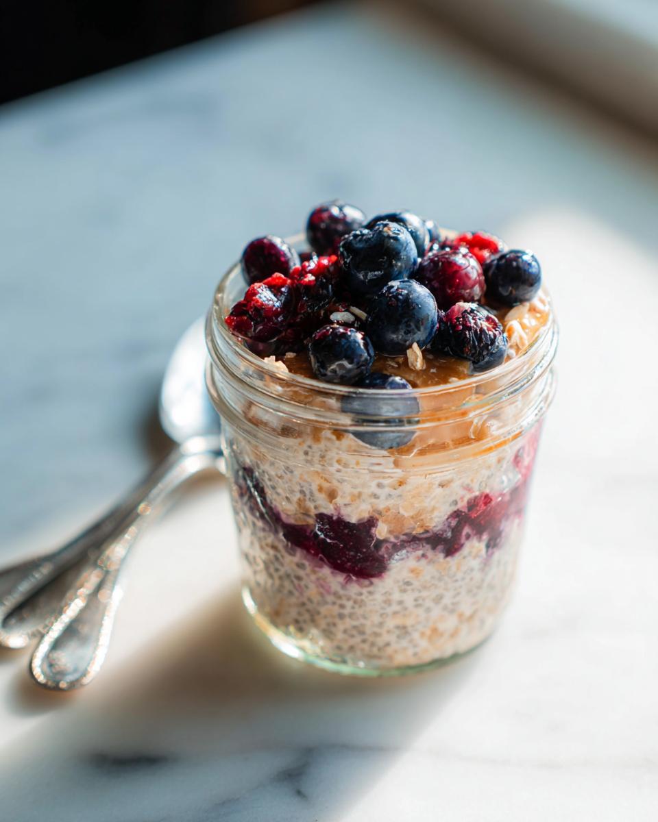 Overnight oats in a jar topped with blueberries and raspberries, a perfect breakfast idea.