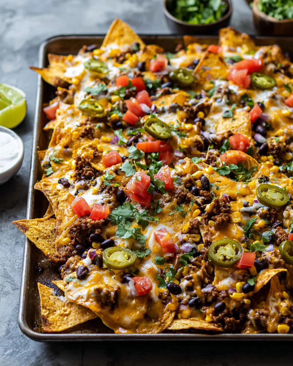 A full sheet pan loaded with cheesy Sheet Pan Nachos topped with ground meat, black beans, corn, tomatoes, and jalapeños.