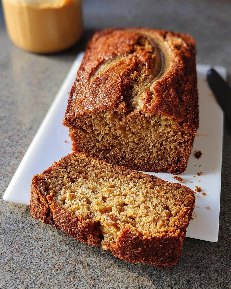 A slice cut from a golden brown Peanut Butter Banana Bread loaf, showing a moist, dense crumb.