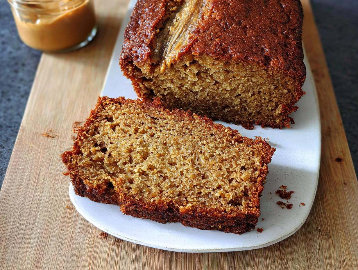 A slice cut from a moist Peanut Butter Banana Bread loaf, served on a white plate next to a jar of peanut butter.