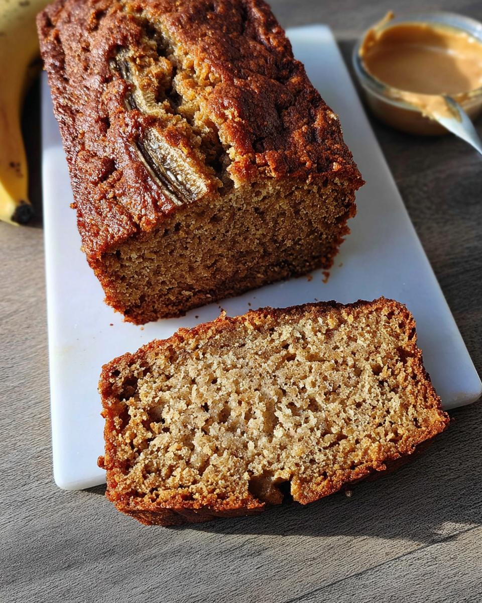A slice cut from a loaf of golden brown Peanut Butter Banana Bread, displayed next to the main loaf and a small bowl of peanut butter.