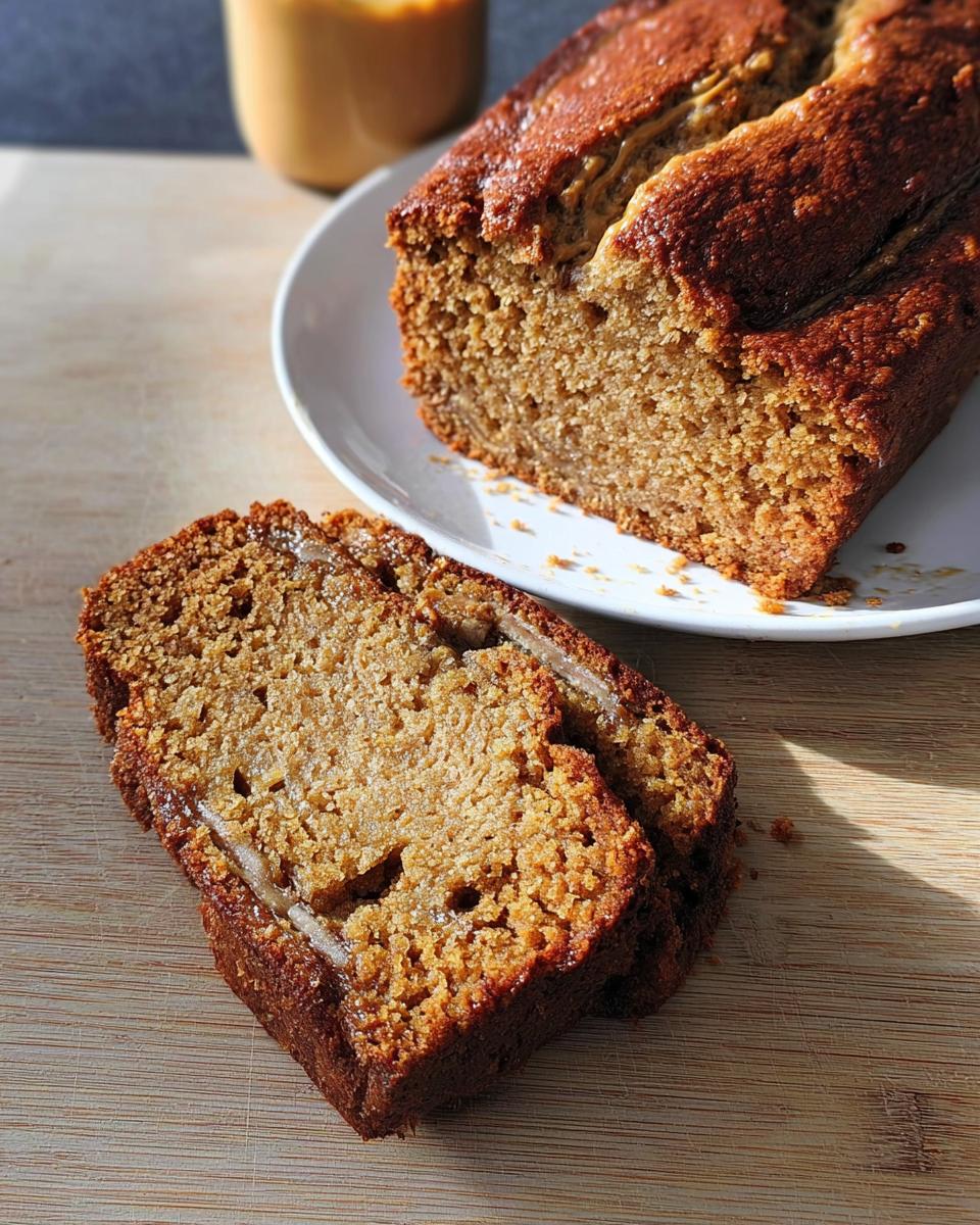Two thick slices of moist Peanut Butter Banana Bread resting on a wooden cutting board next to the loaf.