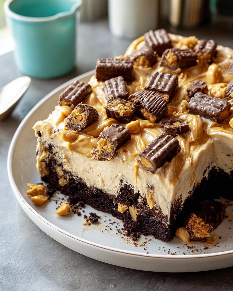 Slice of rich chocolate brownie topped with peanut butter frosting and candy pieces for a Box Mix Glow-Up.