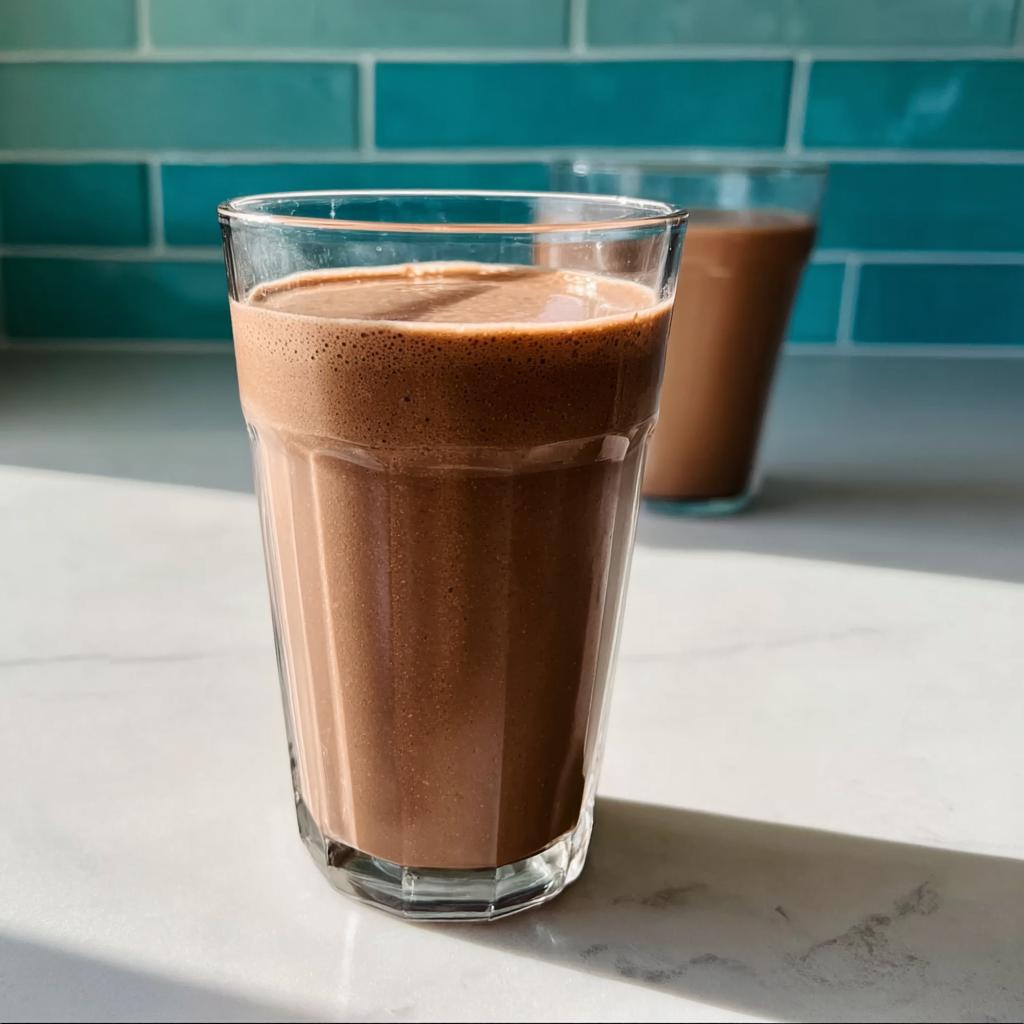 Close-up of a rich, chocolate Peanut Butter Protein Smoothie in a tall glass on a marble counter.