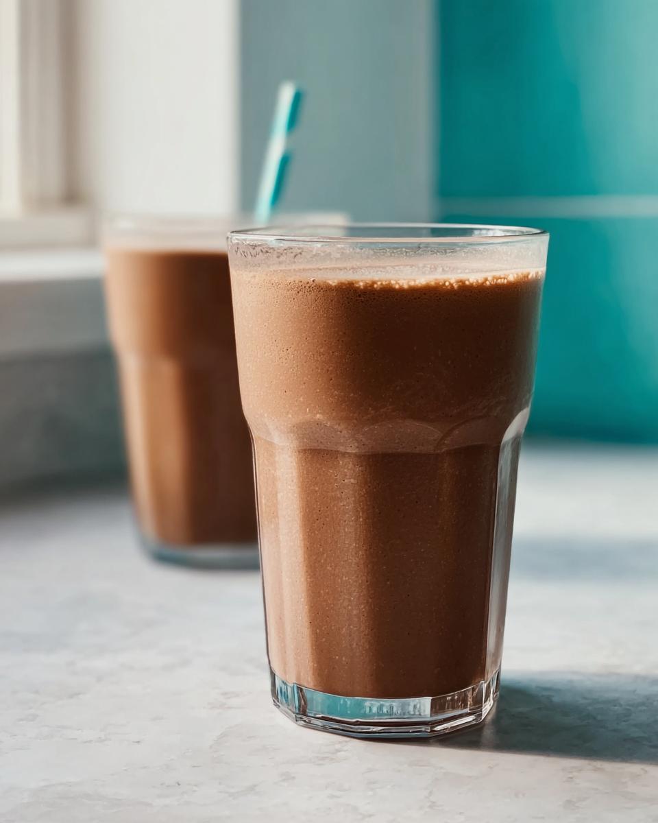 Two glasses filled with a thick, brown Peanut Butter Protein Smoothie sitting on a light countertop.