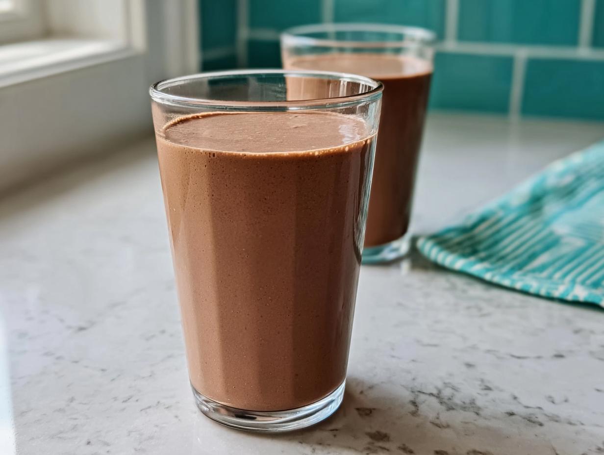 Two tall glasses filled with a thick, chocolate-colored Peanut Butter Protein Smoothie on a white marble counter.