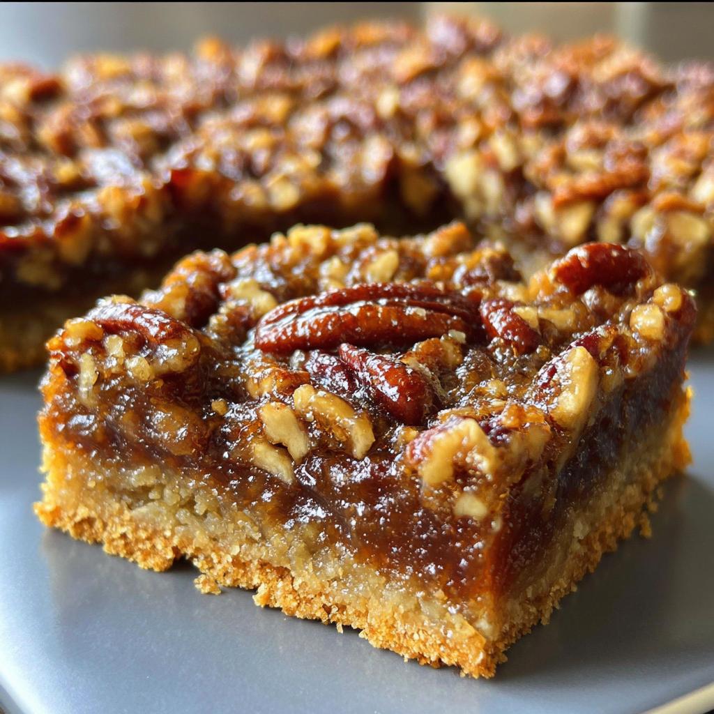 Close-up of a delicious pecan pie bar, a perfect Thanksgiving dessert for busy weeknights.
