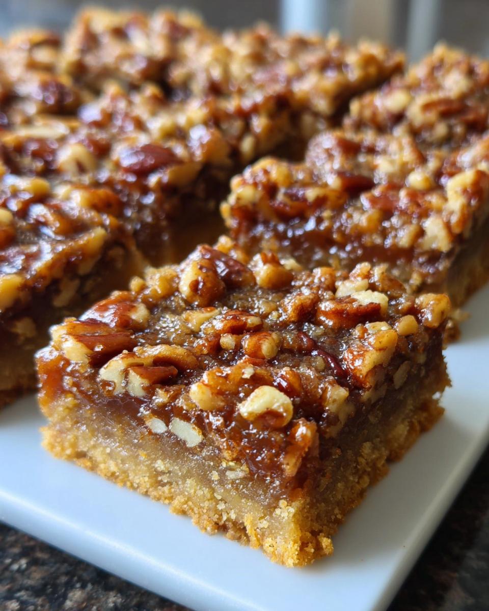 Close-up of a slice of pecan pie bars, a perfect Thanksgiving dessert for busy weeknights.