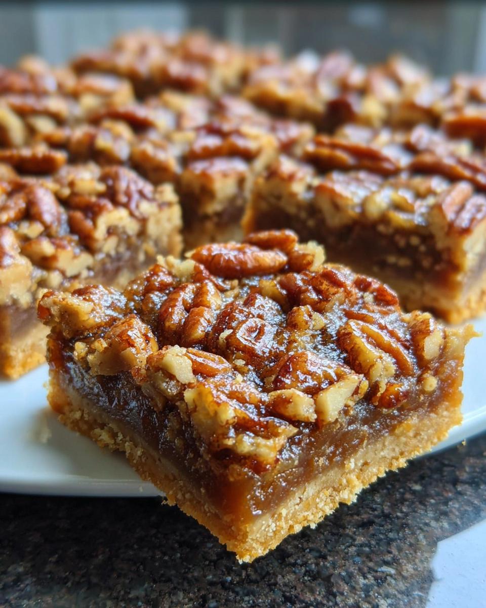 Close-up of a slice of pecan pie bar, a perfect Thanksgiving dessert for busy weeknights.