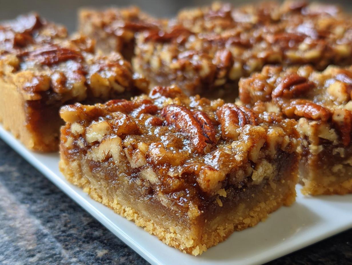 Close-up of meal-prep friendly pecan pie bars, a perfect addition to Thanksgiving desserts for busy weeknights.