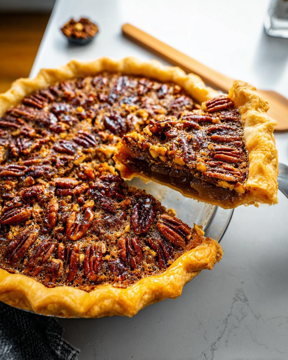 A slice of pecan pie being lifted from the whole pie, showcasing its flaky crust and rich, nutty filling. Perfect for Thanksgiving Desserts.