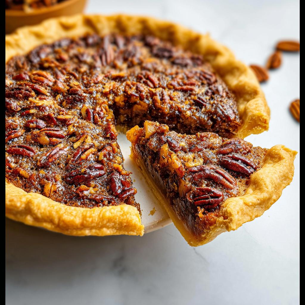 A slice of pecan pie, a classic Thanksgiving dessert recipe, with a flaky crust and rich filling.