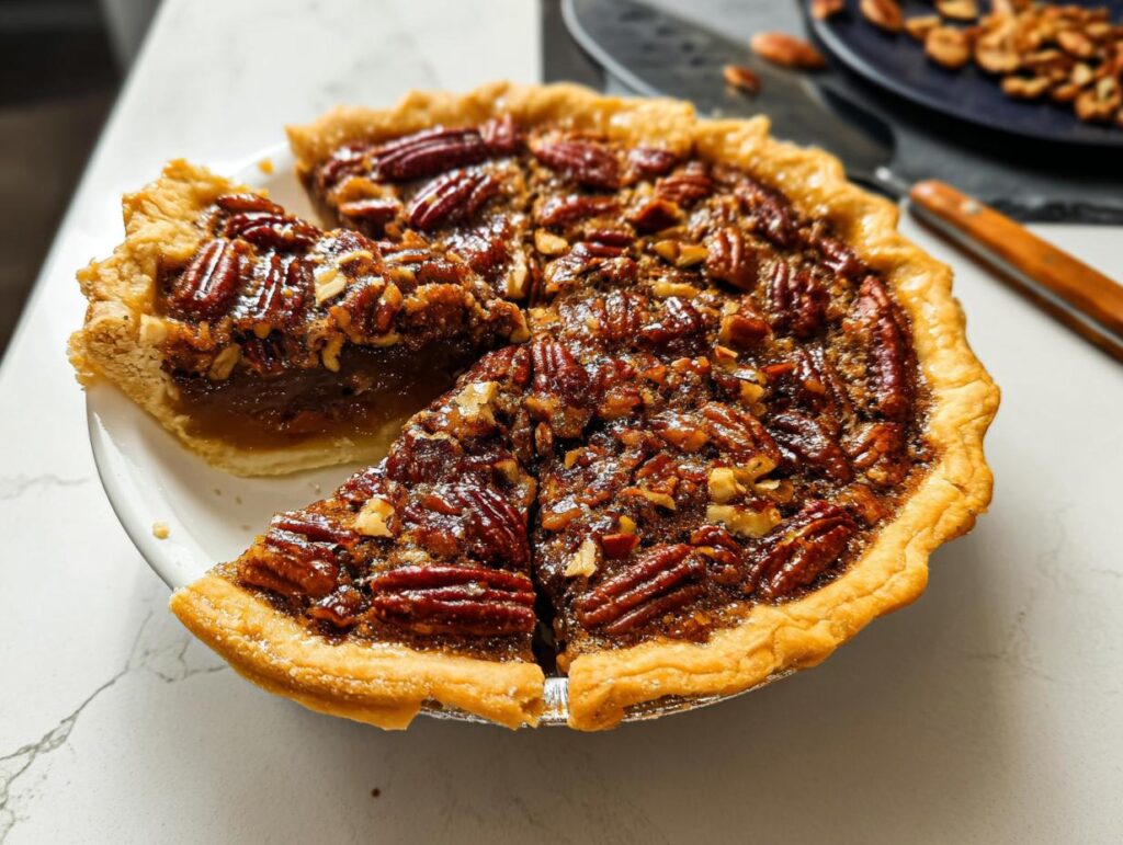 A slice of pecan pie, showcasing the flaky crust, gooey filling, and whole pecans, perfect for Thanksgiving desserts.