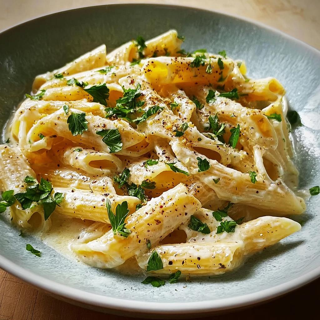 Close-up of penne pasta coated in creamy sauce, garnished with parsley and black pepper, made with the Best Alfredo Sauce Recipe Ever.
