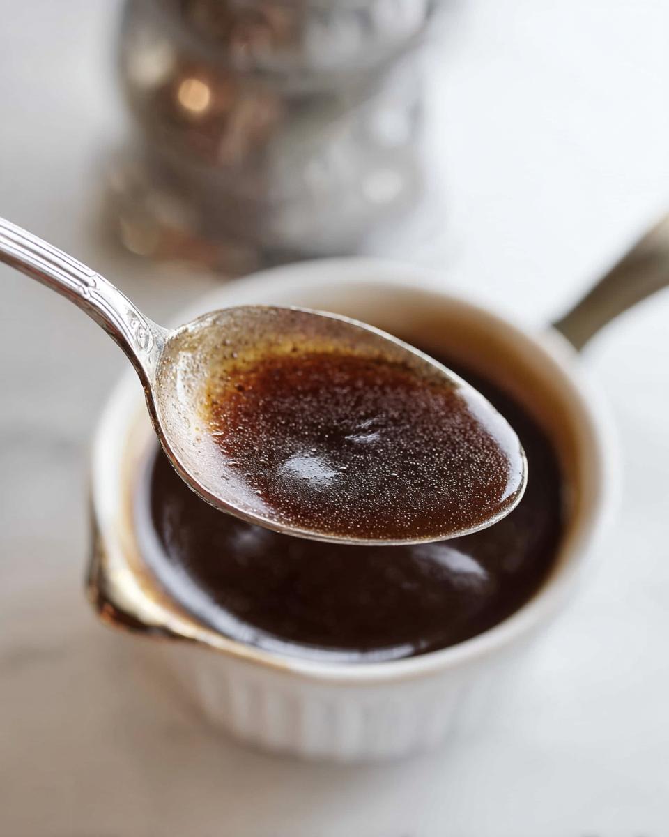 Close-up of a silver spoon lifting rich, dark brown au jus, showing its perfect consistency.