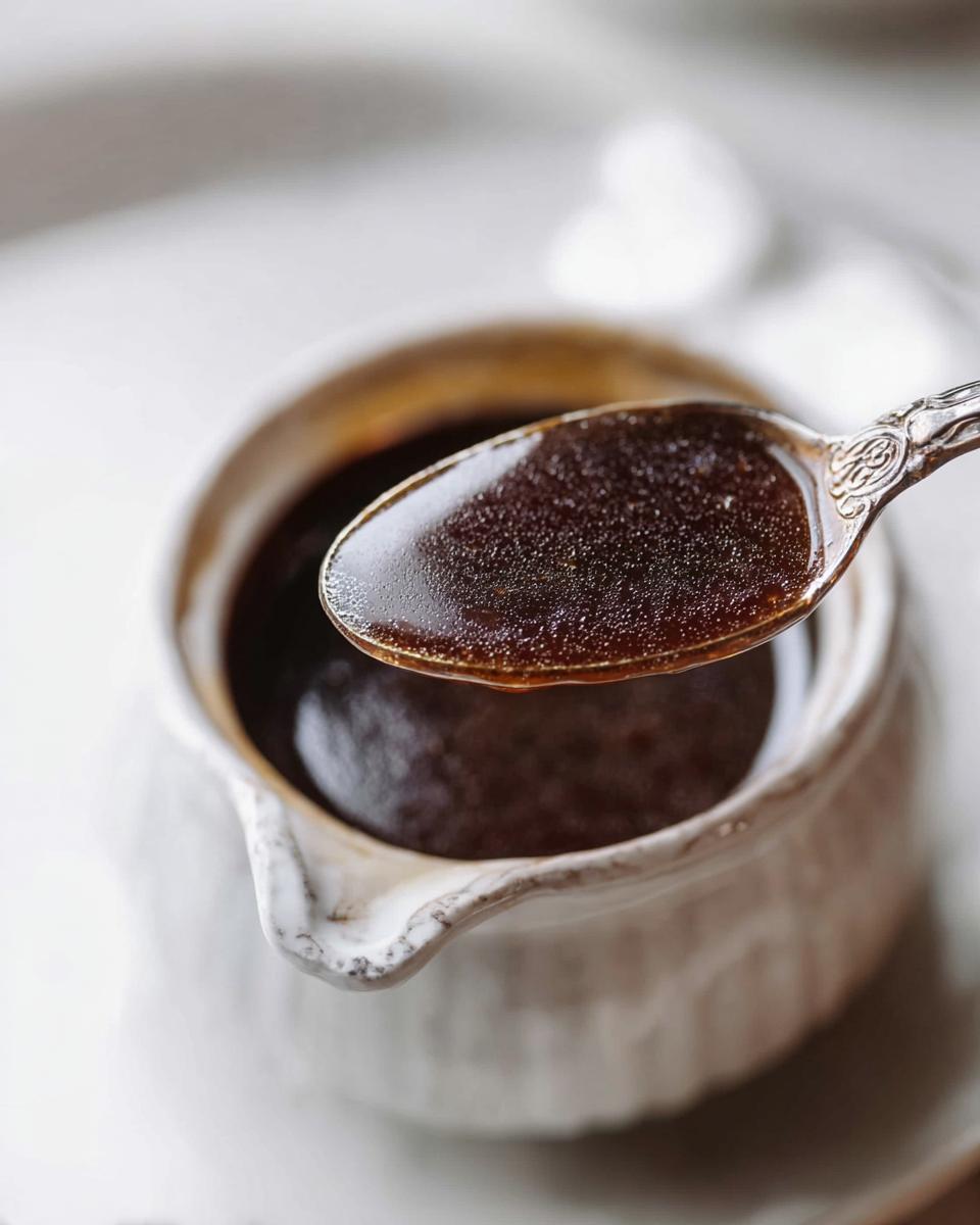 Close-up of a spoonful of rich, dark brown liquid from the perfect Au Jus Recipe being lifted from a small white gravy boat.