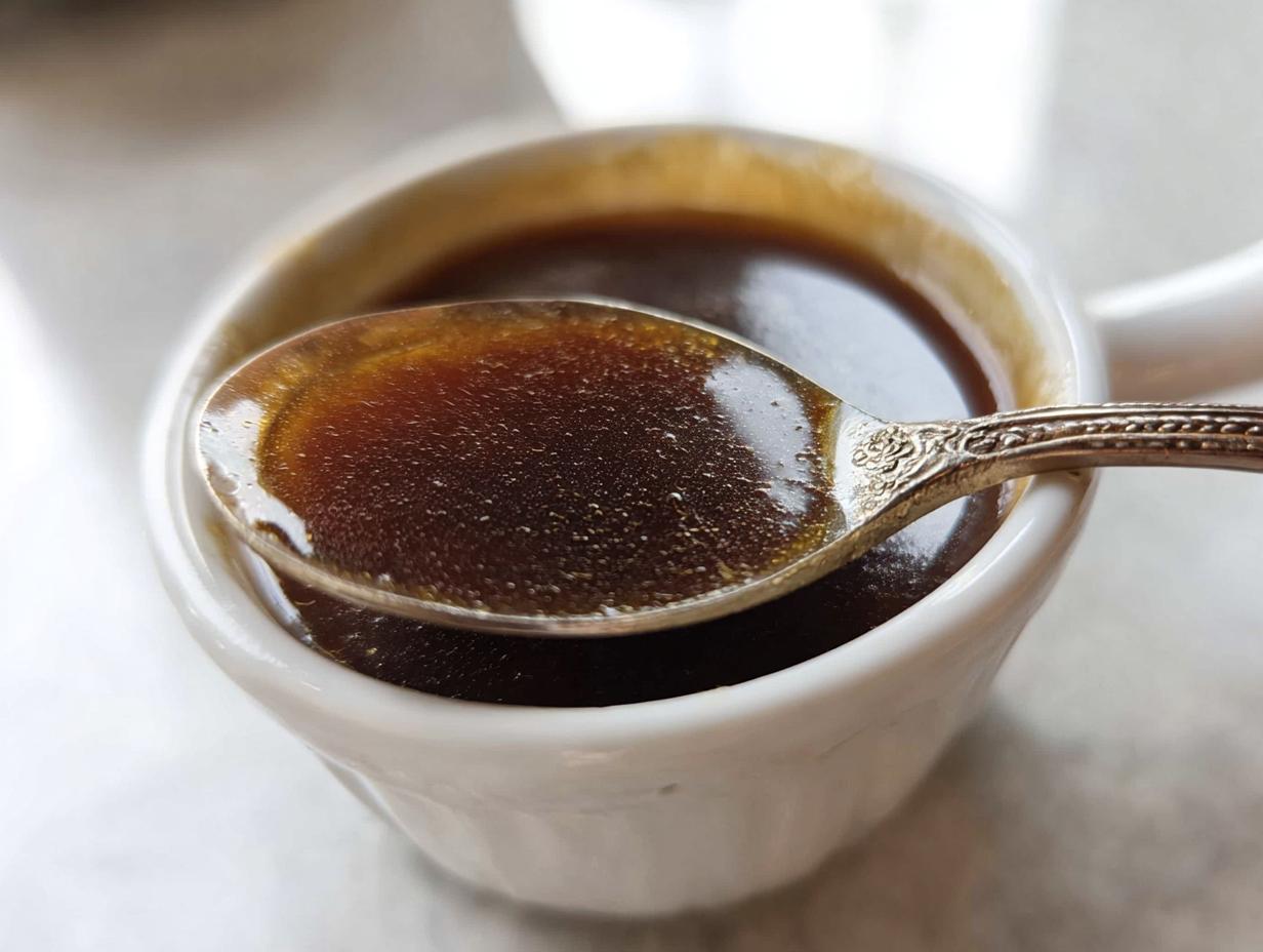 Close-up of a spoonful of rich, dark brown au jus being lifted from a small white serving cup.