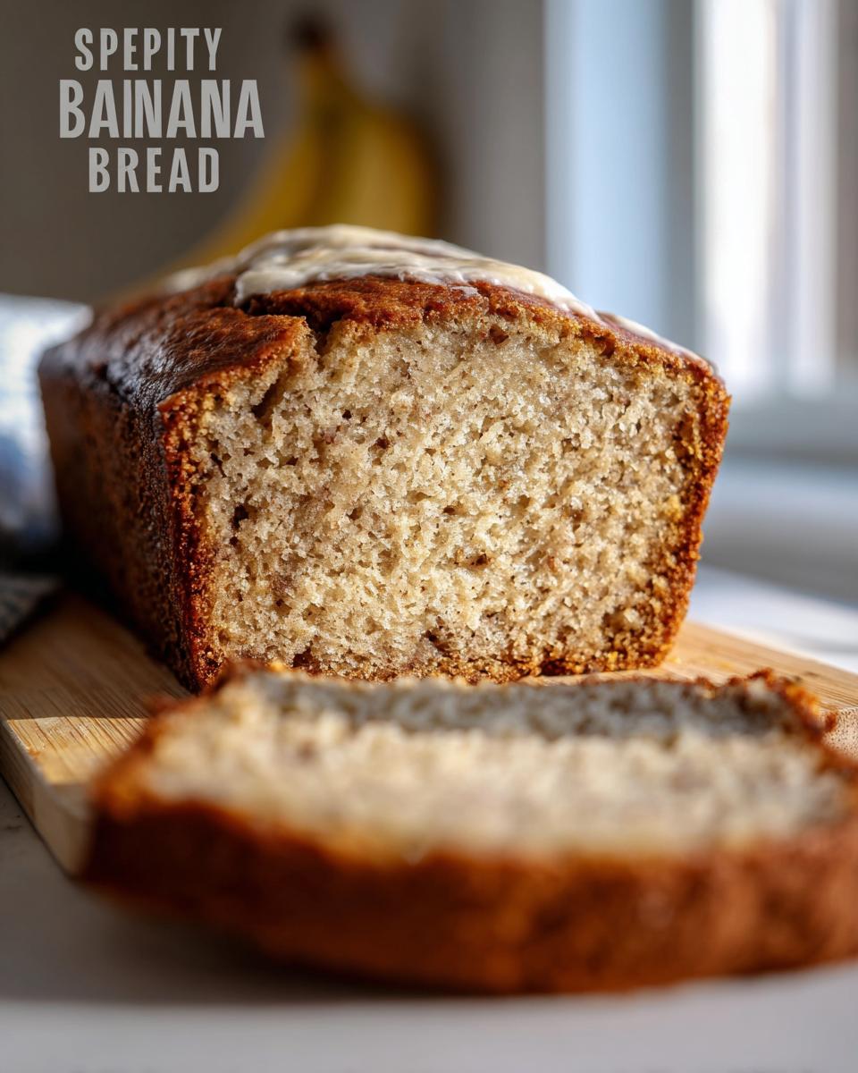 A close-up of a loaf of perfect banana bread with one slice cut, showing its moist texture.