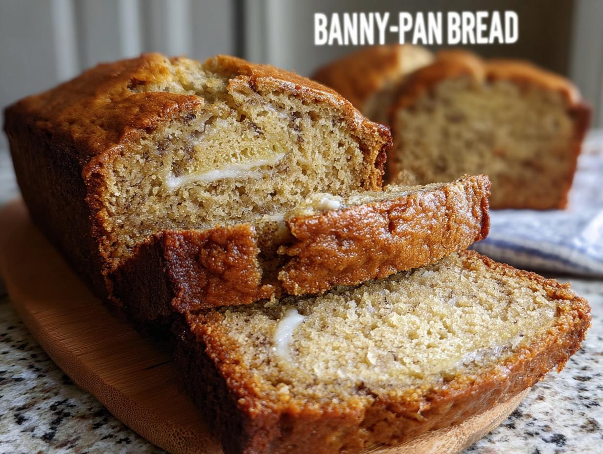 Close-up of a perfect banana bread loaf, sliced to reveal moist texture and banana pieces.