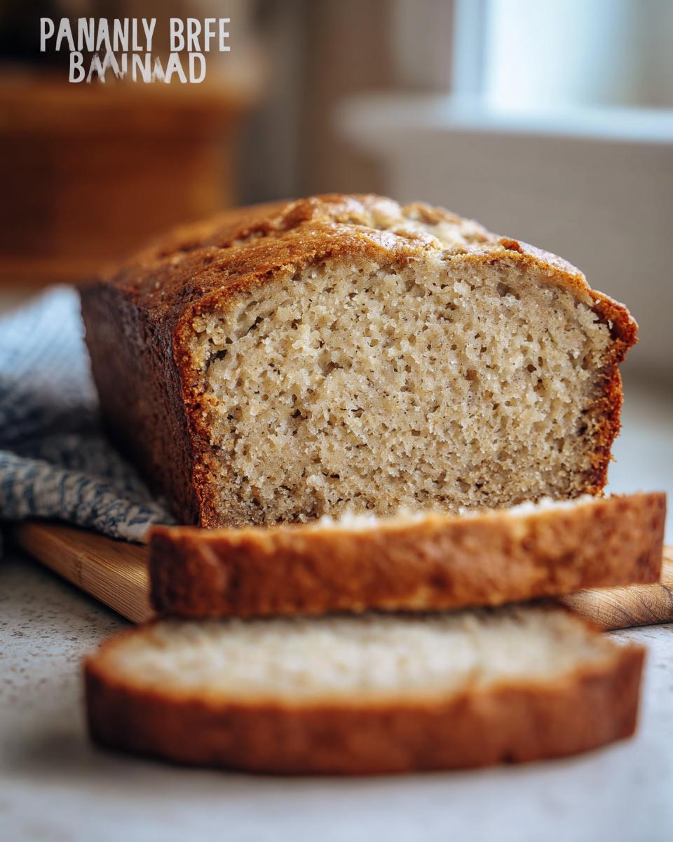 Close-up of a perfect banana bread loaf with two slices cut, showcasing its moist texture.