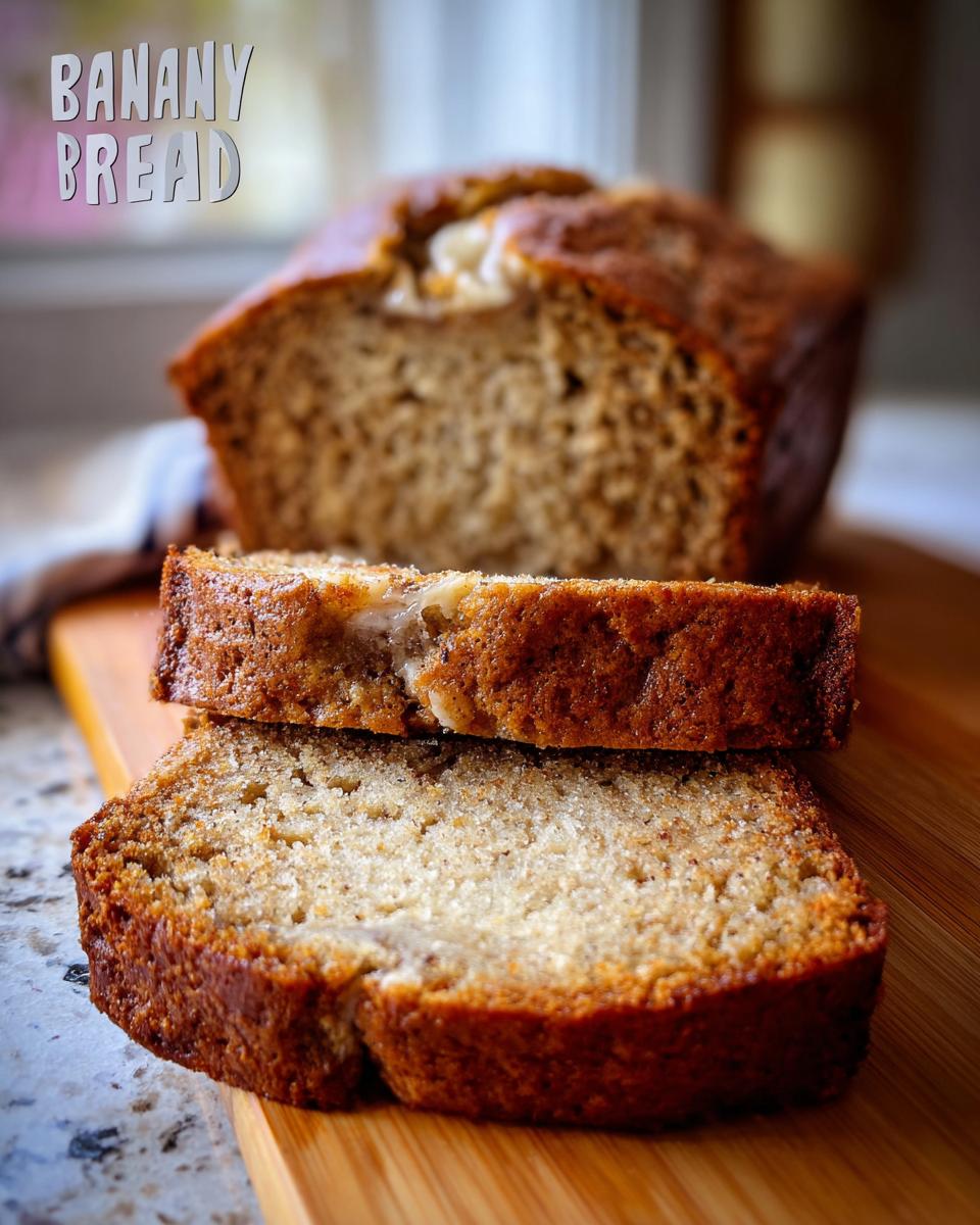 Two slices of perfect banana bread stacked on a wooden cutting board, with the rest of the loaf blurred in the background.