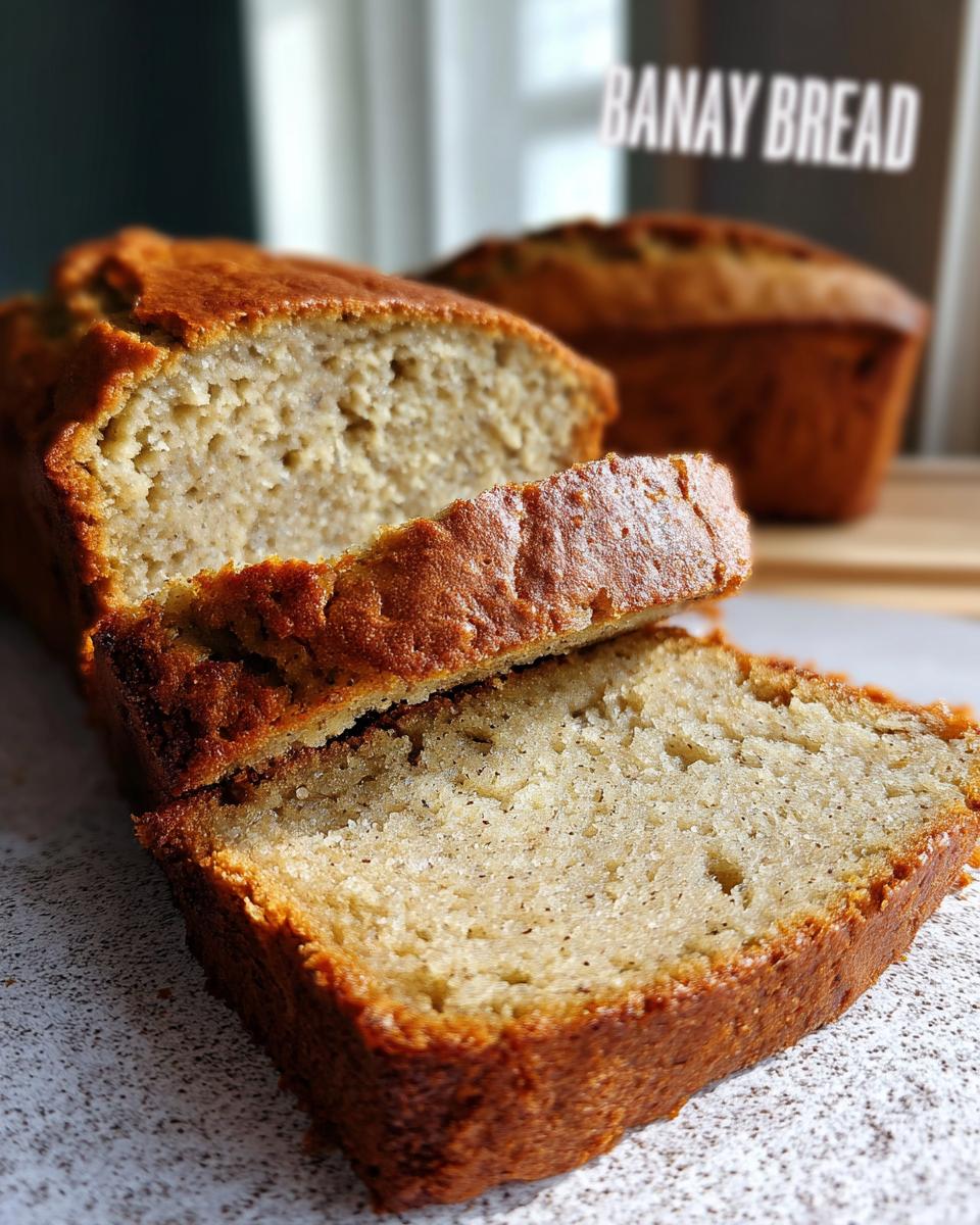 Close-up of perfectly baked banana bread, with two slices in the foreground and a whole loaf in the background.