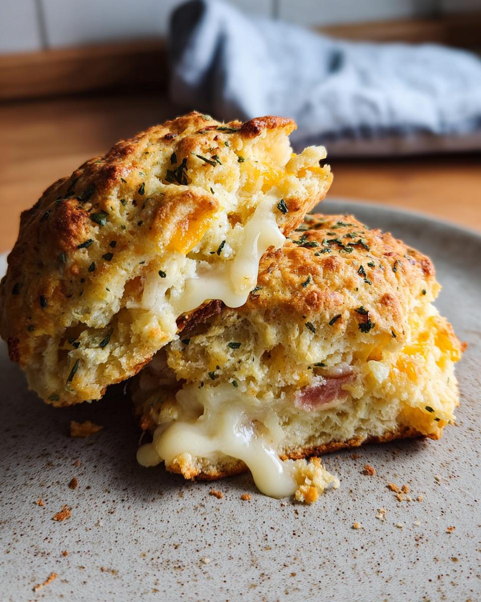 Close-up of a cheesy ham biscuit cut in half, with melted cheese oozing out, a perfect breakfast idea.